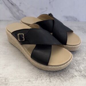 Abeo Solstice Criss Cross Sandals Women 9.5 Black Leather Espadrille Wedge Slide